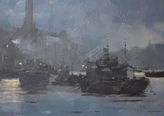 Upstream from Greenwich by Gordon Hales, oil on board, sold Aug 2024
