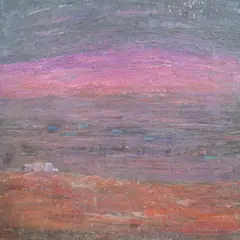 Abstract landscape by Muriel Rose, oil on board, sold Aug 2024