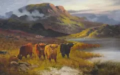 Landscape scene with highland cattle by Gustav de Breanski, oil on canvas, sold Aug 2024