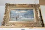 Estuary scene with ships by Gordon Lees, oil on canvas, sold Aug 2024