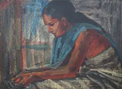 Study of a seated woman by Maurice Man, oil on board, sold Aug 2024