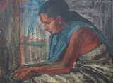 Study of a seated woman by Maurice Man, oil on board, sold Aug 2024