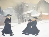 Winter street scene with three figures and by Michael John Blaker, oil, offered Aug 2024