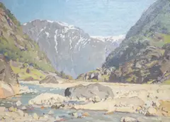 Norwegian village before mountains by Herbert Kerr Rooke, oil on board, sold Aug 2024