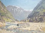 Norwegian village before mountains by Herbert Kerr Rooke, oil on board, sold Aug 2024