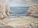 Beach scene with figures by Kathleen Tyson, oil on board, sold Aug 2024