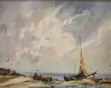 Drying nets, mouth of Avon, Christchurch, Hants by Gudrun Barbara Sibbons, 1955, oil on board, offered Aug 2024
