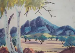 Mountainous landscape by Benjamin Landara, watercolour, sold Aug 2024