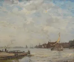 Estuary scene with boats by James Campbell Noble, oil on canvas, sold Jul 2024