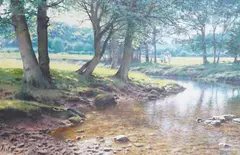 Landscape with stream before figures by Tony Sheath, oil on canvas, sold Jul 2024