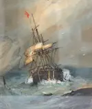 Seascape with rigged ship by Richmond W. Markes, watercolour, sold Jul 2024