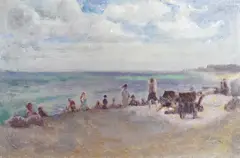 Beach scene with figures by Harold Hope Read, oil on canvas, offered Jul 2024