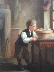 Interior with boy playing with model by Michael Arnoux, oil, sold Jul 2024