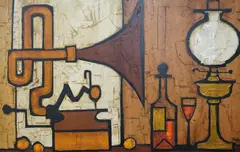 Still life of a gramophone and vessels by Colin Ruffell, oil on board, sold Jul 2024