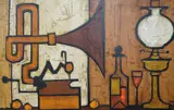 Still life of a gramophone and vessels by Colin Ruffell, oil on board, sold Jul 2024