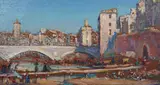 Procession along a river-bed, Gerona by Arthur Trevor Haddon, oil on board, sold Jul 2024