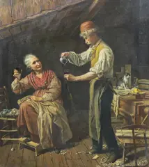 Interior with couple drinking wine by Gian Francesco Locatelli, oil on canvas, sold Jul 2024