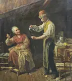 Interior with couple drinking wine by Gian Francesco Locatelli, oil on canvas, sold Jul 2024