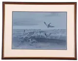 Huntsman with dog flighting ducks by Brian Wigger, acrylic, offered Apr 2025