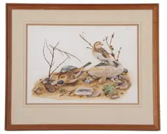 Male and Female Snow buntings by Sarah Merlen, 1983, gouache, offered Apr 2025