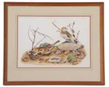 Male and Female Snow buntings by Sarah Merlen, 1983, gouache, offered Apr 2025