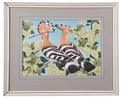 Hoopoes on a branch by Noel William Cusa, watercolour, sold Apr 2025