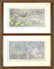 Grey Wagtails and Red Backed Shrike by Eric Ennion, pencil, offered Apr 2025