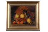 Still life study of fruit in a basket by Henry George Thomas, 1881, oil, sold Mar 2025
