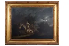 Gypsy camp by moonlight by George Morland, 1794, oil on canvas, sold Mar 2025