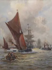 Pool of London by Charles John De Lacy, oil on paper, sold Mar 2025