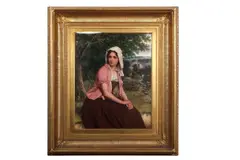 Portrait of a seated lady in countryside setting by William Oliver, 1865, oil on canvas, sold Mar 2025