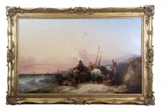 Fisherfolk on the shoreline by William Shayer, oil on canvas, sold Mar 2025