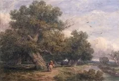 An English landscape with horse and figures on a lake by a by John Steeple, 1856, watercolour, sold Mar 2025