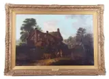 Rural landscape with figures and animals by a cottage by Edward Robert Smythe, oil on canvas, offered Mar 2025