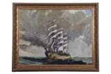Tall mast ship in a squall by Geoffrey Chatten, oil on board, sold Mar 2025