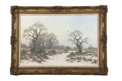 Winter landscape with a mallard in flight by a thicket at sunset by Colin Burns, oil on canvas, sold Mar 2025