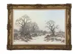 Winter landscape with a mallard in flight by a thicket at sunset by Colin Burns, oil on canvas, sold Mar 2025