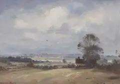 View over a rural landscape with a distant cottage by Marcus Ford, oil on board, sold Mar 2025