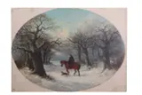 Wooded snow scene with rider and dog by Thomas Smythe, oil, sold Mar 2025