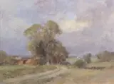 View across a country lane to buildings and pastoral fields by Owen Waters, oil on board, sold Mar 2025