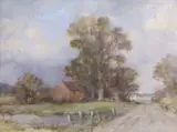 Rural landscape view with a pond and building by Owen Waters, oil on board, sold Mar 2025