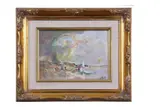 Storm brewing over the beach by Jack Cox, oil on board, sold Mar 2025