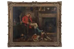 Huntsman and fox hound sat by the fire by John Emms, oil on canvas, sold Mar 2025