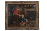 Huntsman and fox hound sat by the fire by John Emms, oil on canvas, sold Mar 2025