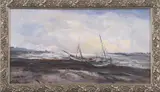 Beached boats on the shoreline by Jack Cox, oil on board, sold Mar 2025