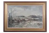 A winter laden landscape with two figures by Jack Cox, oil on board, sold Mar 2025