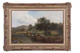 On the Llugwy - children by the banks of a river by David Bates, oil on canvas, sold Mar 2025