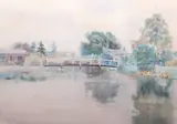 View across a river and bridge by Frank Southgate, watercolour, sold Mar 2025