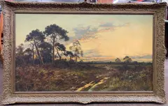 Sunset / Sunrise landscape with a shepherd and flock by Daniel Sherrin, oil on canvas, sold Mar 2025