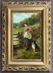 Sheperdess and dog by David W. Haddon, oil on canvas, sold Mar 2025